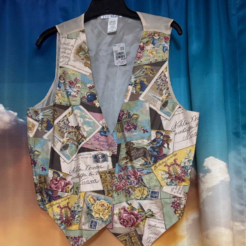 Vintage 1990’s Print Vibrant vest with a postcard print design. NWT